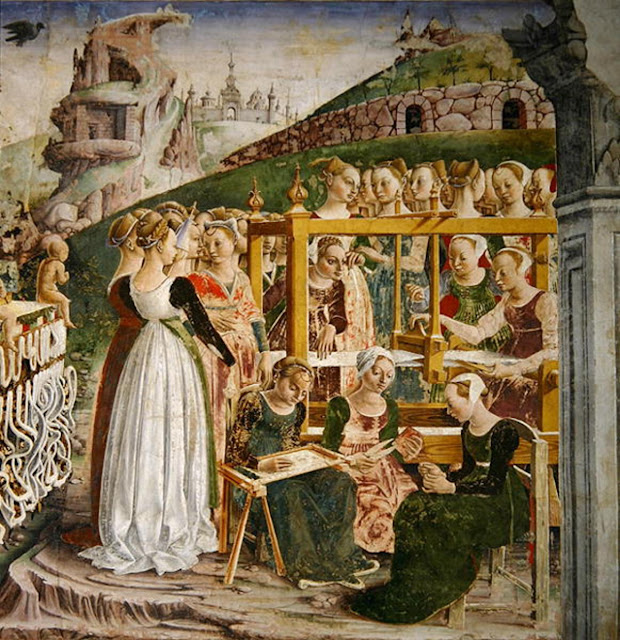 Картина Франческо дель Косса: Толпа собирается вокруг ткацкого станка Арахны