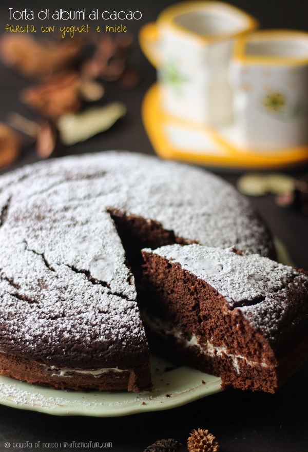 Torta di albumi al cacao farcita con yogurt e miele