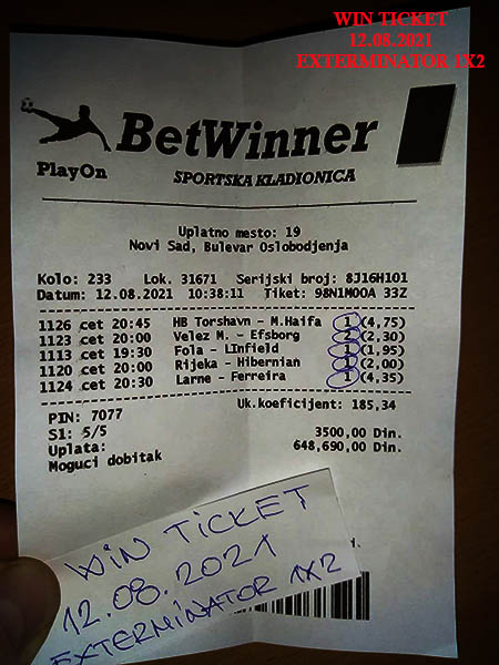 OUR WIN TICKET FROM YESTERDAY THURSDAY/ CETVRTAK 12.08.2021