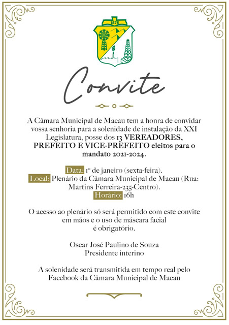 MACAU: POSSE DOS ELEITOS SERÁ COM PÚBLICO RESTRITO E VAI ATENDER A RECOMENDAÇÃO DO MP