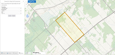Screen capture of the search result returned by "Search by Twp/Lot/Concession" from the Ontario "Make a Topographic Map" site for Drummond Township, Concession 2, Lot 12.