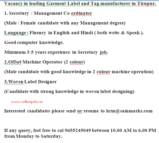 Vacancy in leading Garment Label and Tag manufacturer in Tirupur Post