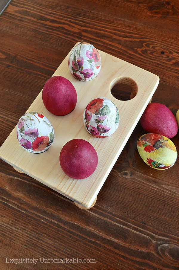 Wooden Egg Holder with decoupage eggs inside