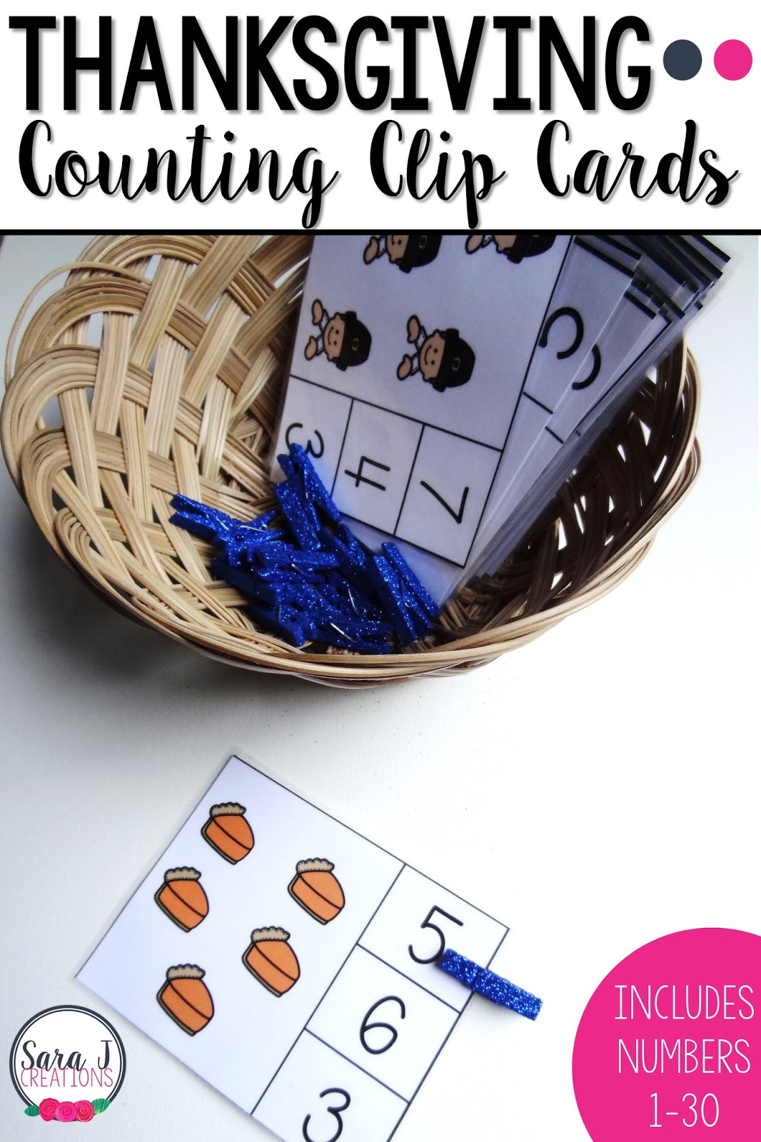 Practice counting and fine motor skills with these adorable Thanksgiving themed counting clip cards. Just add a clothespin and your little ones are ready to practice counting numbers 1-30. Perfect for preschool or kindergarten. Free sample included if you want to try them out.