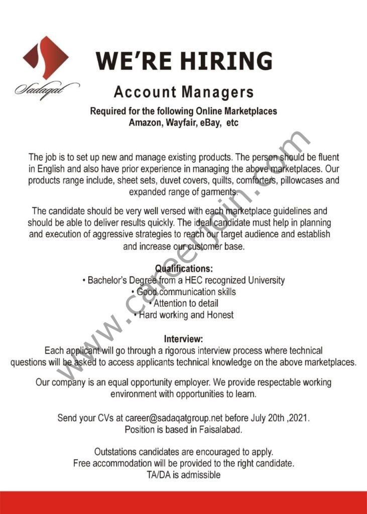 Sadaqat Limited Jobs Accounts Managers