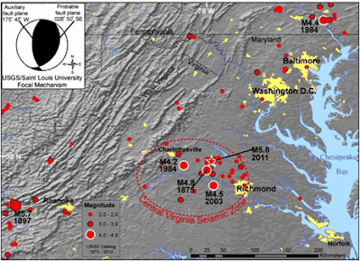 Central Virginia Seismic Zone. Red circles indicate epicenters of quakes since 1973 and some notable earlier quakes. Public domain image from https://www.usgs.gov/media/images/central-virginia-seismic-zone
