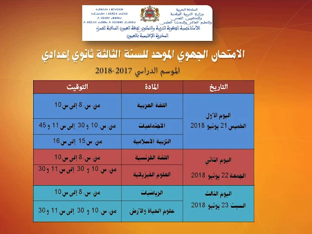 هام جدا: مواعيد الامتحانات الجهوية الثالثة إعدادي بالتوقيت الرسمي للمغرب (غرينيتش + ساعة).