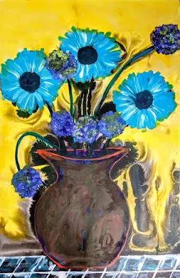 Blue Daisies and Hydrangeas, Abstract Painting by Miabo Enyadike