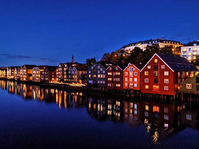 Trondheim at night at the end of a 2 week Norway road trip itinerary