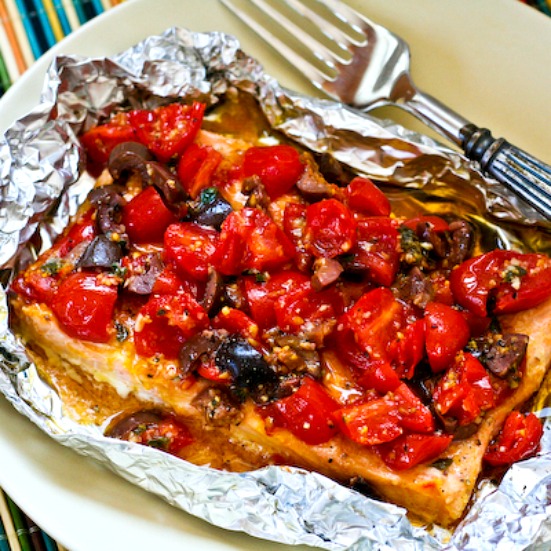 Kalyn's Kitchen® Grilled Salmon Packets with Tomatoes, Olives, Garlic
