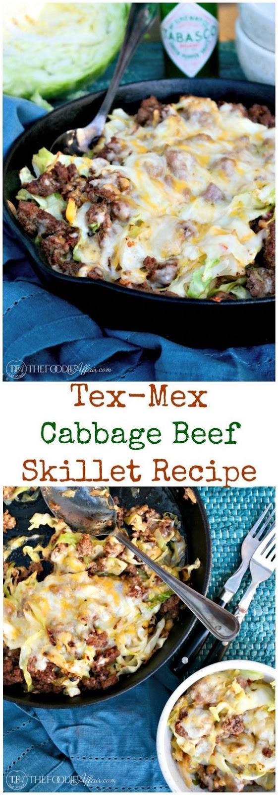TEX MEX CABBAGE BEEF SKILLET RECIPE TOPPED WITH SPICY MEXICAN CHEESE