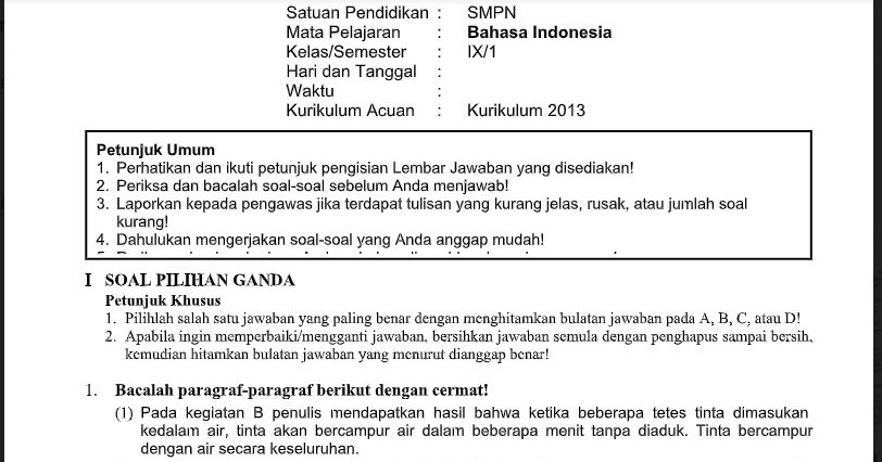 Soal Bahasa Indonesia Kelas 9 Kurikulum 2013 Tentang Laporan Percobaan