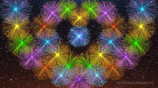 Many Colorful Abstract Heart Shape Fireworks Explosion On Dark Orange Starry Night Sky