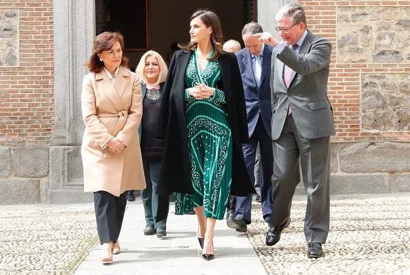 Queen Letizia wore Sandro iconic scarf-print dress, Prada pumps and Carolina Herrera coat for Inauguration of Real Monasterio de la Encarnacion