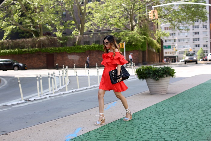 Chicwish Darling Ruffled Off shoulder Dress in Red, chanel grand shopping tote, quay my girl cateye sunglasses,Sole Society Sena Espadrille Wedge , nyc street style 