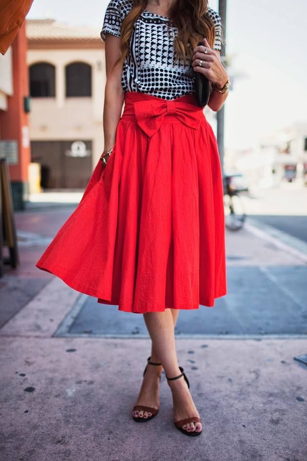 Style Know Hows: Red Front Waist Bow Pleated Mid Calf Skirt