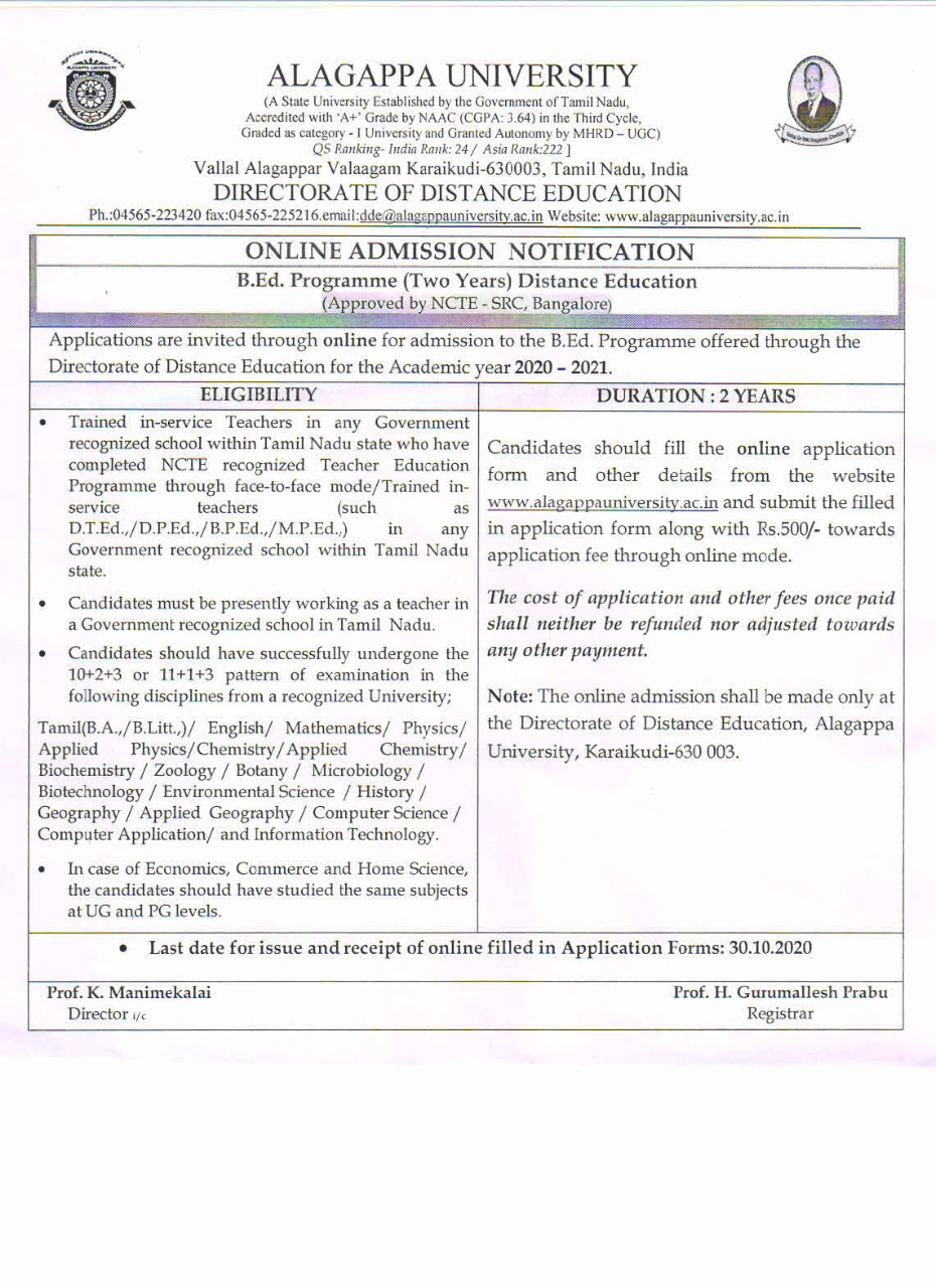 ALAGAPPA UNIVERSITY B.Ed DISTANCE EDUCATION PROGRAMME 202021