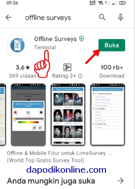 Aplikasi Offline Surveys Berhasil Diinstal, selanjutnya Klik Buka