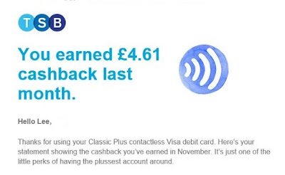 I earned 5% cashback by using my TSB contactless debit card.