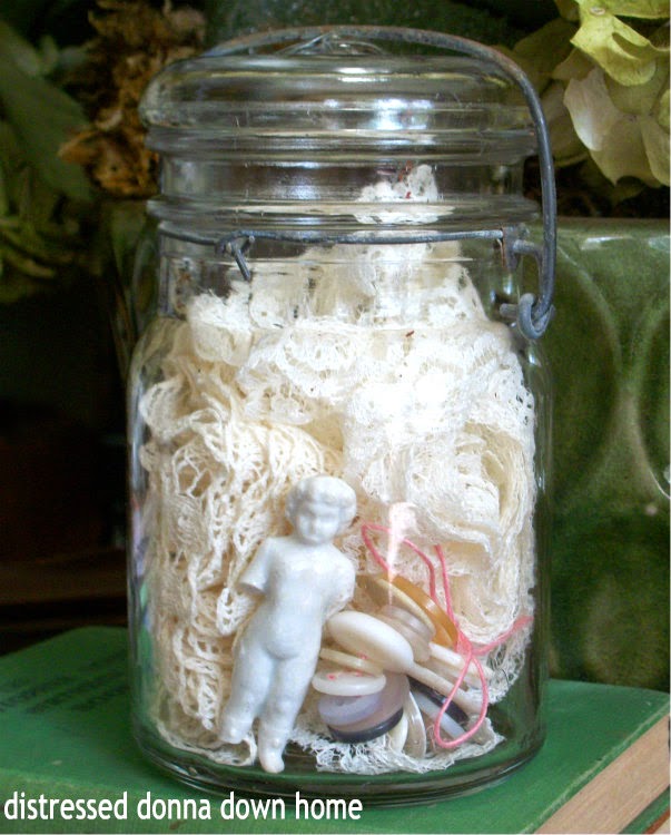 Atlas jar, vintage lace, buttons, Frozen Charlotte, swap meet