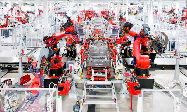 A Tesla Model S being assembled by robots in Fremont, California