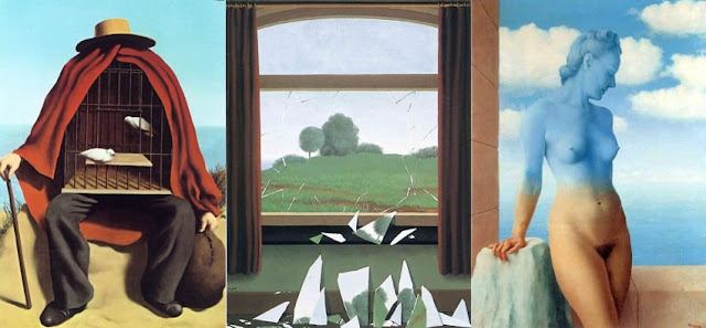 Рене Магритт.  Слева направо: «Терапевт» (1937),  «Ключ к полям» (1936),  «Черная магия» (1945).