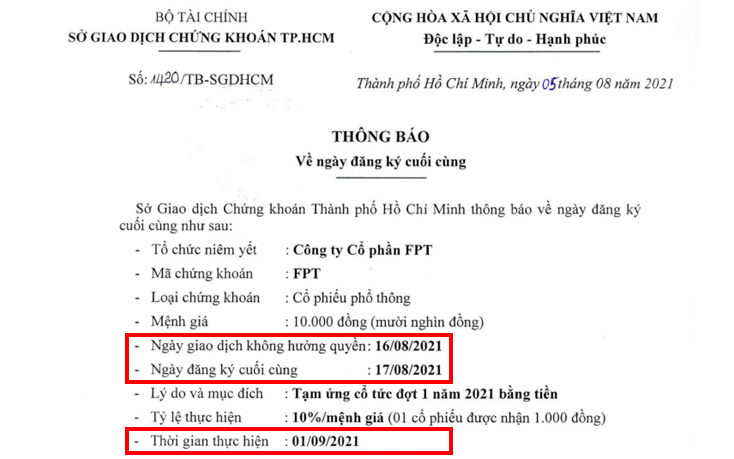 Lịch chốt quyền nhận cổ tức bằng tiền của FPT tháng 8 năm 2021 Ngày giao dịch không hưởng quyền - Lịch chốt quyền nhận cổ tức bằng tiền của FPT tháng 8 năm 2021