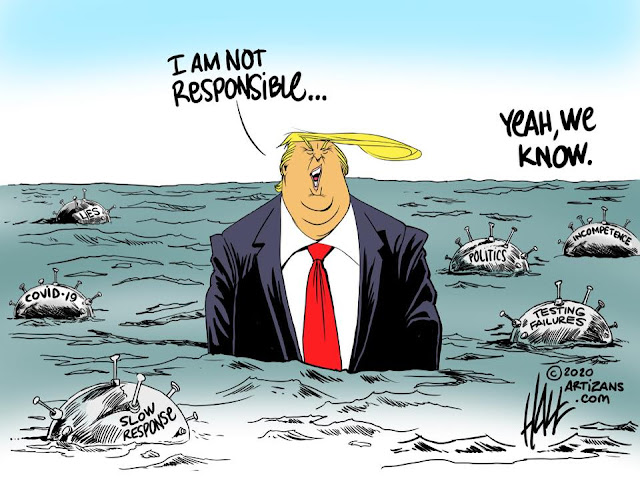 Donald Trump stands in the sea surrounded by mines labeled