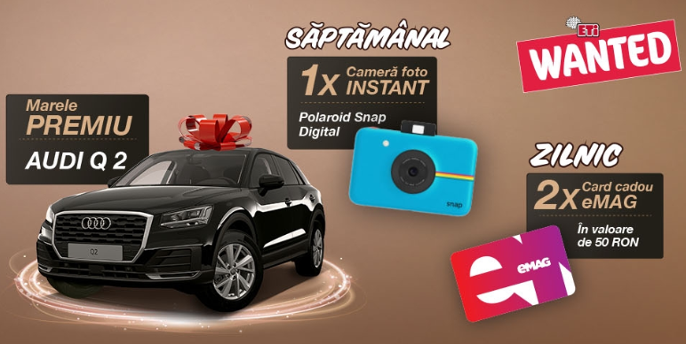 Concurs ETI Wanted 2020 Concurs ETI Wanted 2020 - Gusta adevarul si vei fi rasplatit cu super premii: 1 masina Audi Q2 + saptamanal o camera foto instant Polaroid si zilnic carduri cadou eMAG - castiga.net
