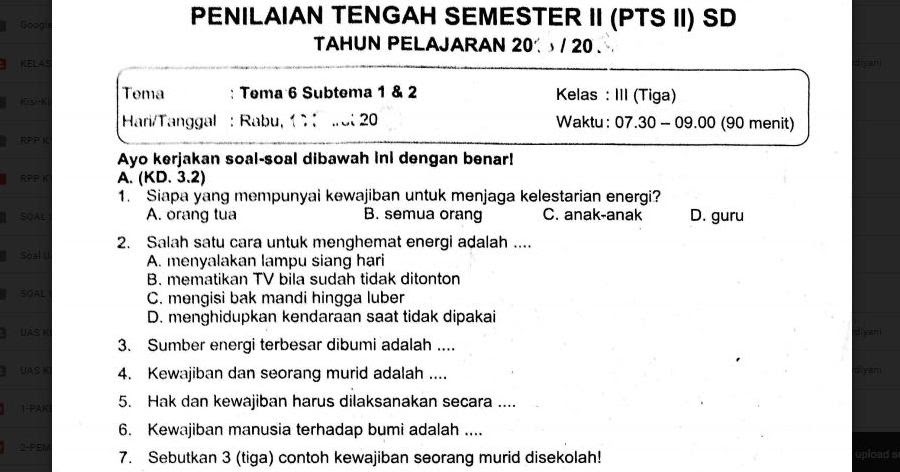 Soal kelas 3 tema 6 subtema 2 perubahan energi