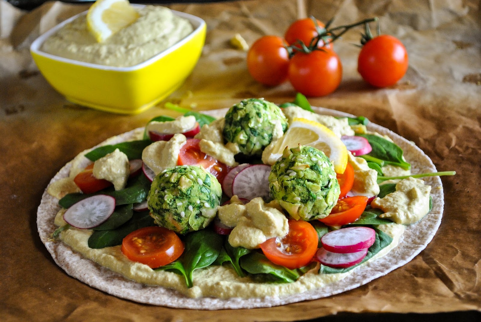 Vegan wraps with baked spinach balls and lemony dressing VeganSandra