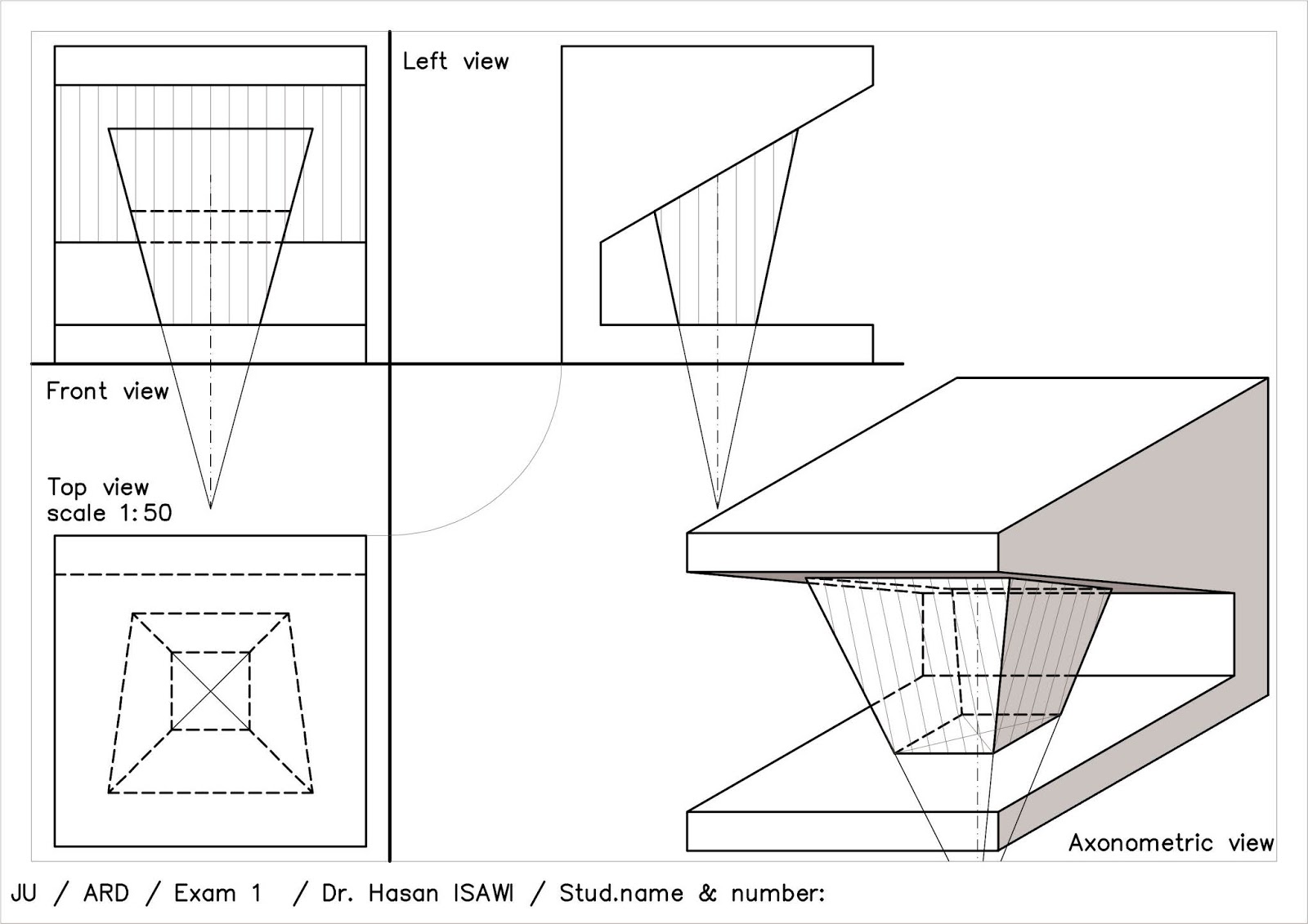 الرسم والاظهار المعماري Arch Drawing Representation لوحة 7 الاختبار 1 حالة تقاطع بين سقف مائل وهرم رباعي