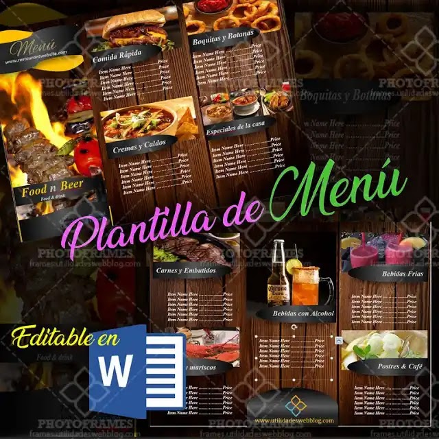Formato de menu para restaurante editable en Word