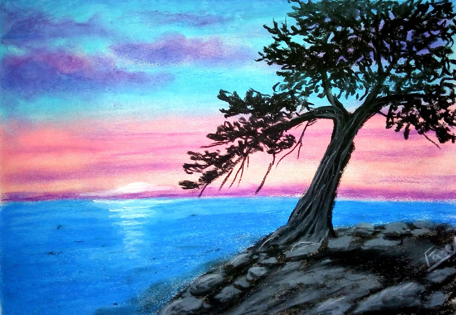 A Beautiful Tree Drawing | Sunset drawing using Oil Pastel (2020)