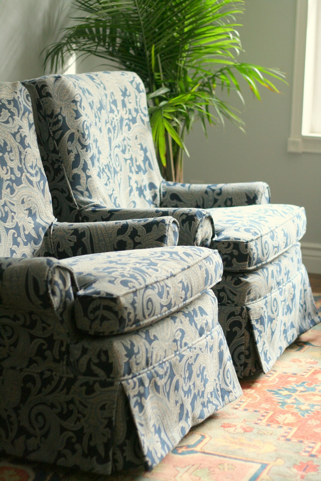 Custom Slipcovers by Shelley: Blue Paisley Swivel Rocker Chairs