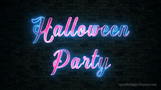 Glow Halloween Party Words With Neon Lettering Style On Dark Green Brick Tiles Wall Texture Background