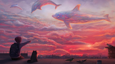 Wallpaper HD Dolphins Sunset Sky Pink Clouds