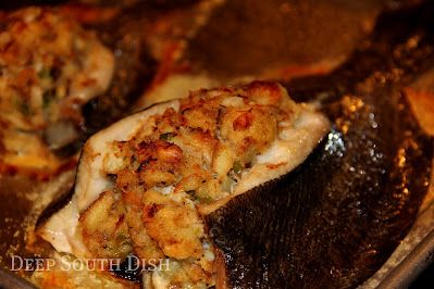 Whole flounder, dressed with a seafood stuffing mix of shrimp and crab.