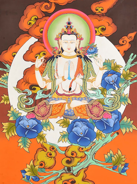 Sadakshari Lokeshvara in the Lap of the Moon (Tibetan Buddhist Deity)