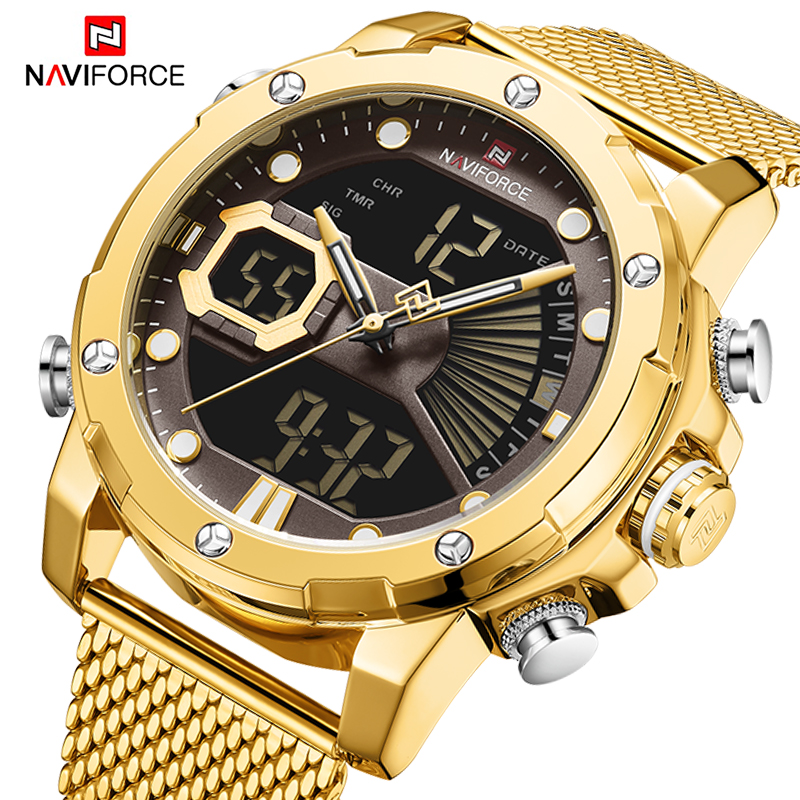 Naviforce Mens Sport Watches Luxury Gold Quartz Steel Strap Waterproof