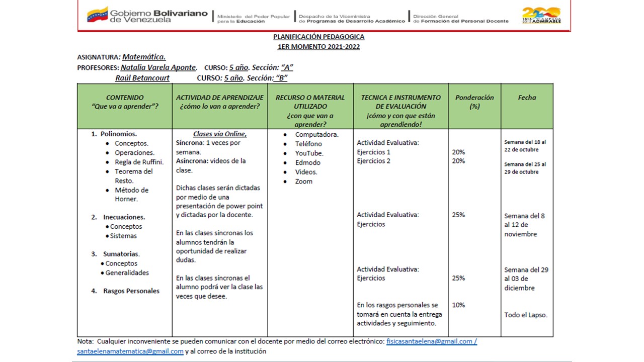 Planificación en el área de matemática 5to año seccion A y B