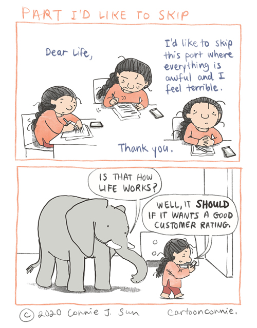 elephant drawing, comic strip, humor, how life works, cartoon by connie sun, cartoonconnie