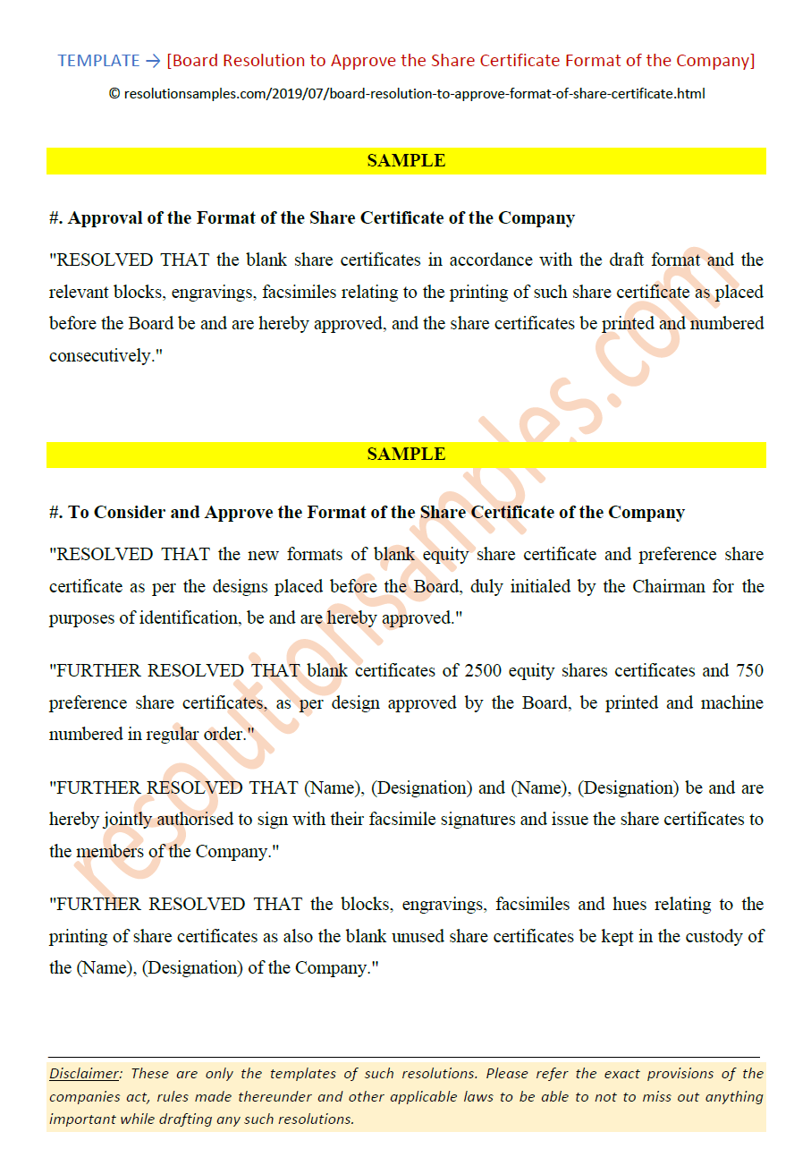 draft board resolution to approve the format of share sample of share certificate