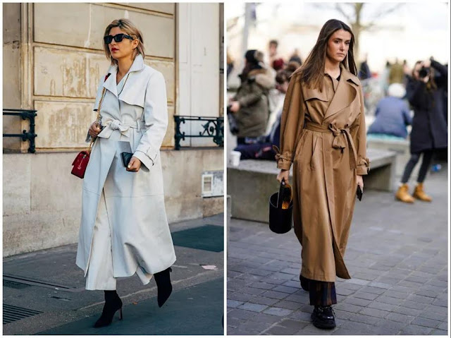 Two women wear a trench coat with bowknot.
