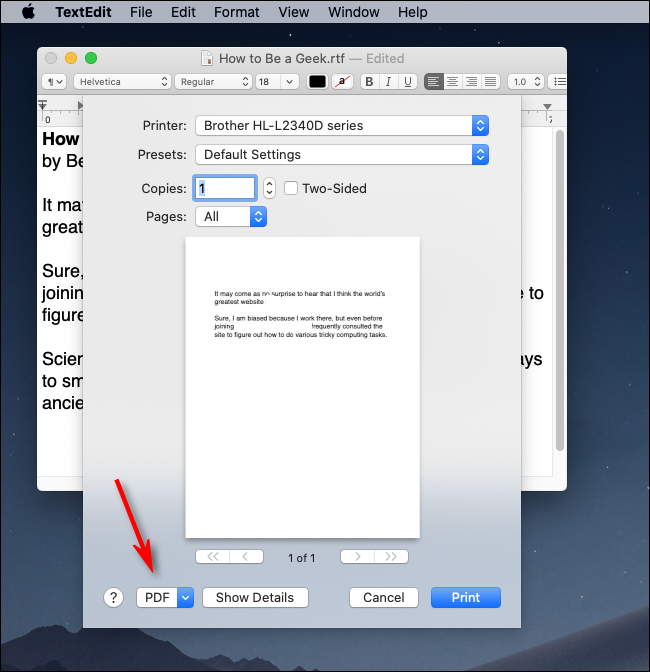 انقر على القائمة المنسدلة PDF في macOS