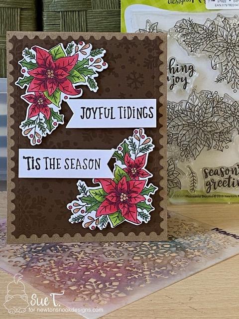 Joyful Tidings by Sue T. features Poinsettia Blooms, Snowfall, Heartfelt Holidays, Framework, and Frames & Flags by Newton's Nook Designs; #inkypaws, #newtonsnook, #christmascards, #holidaycards