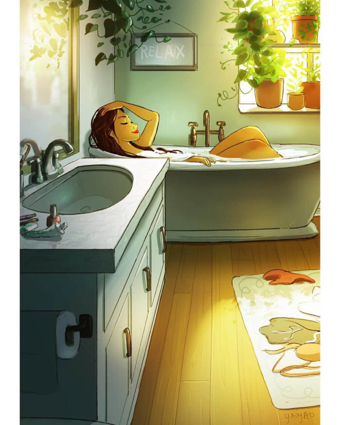 The Freedom of Living Alone in 16 Fascinating Drawings - Spend hours in your bathroom forgetting all the negative things that happened during your day.