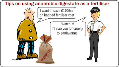 Image is a humorous cartoon about using anaerobic digestate as a fertiliser.