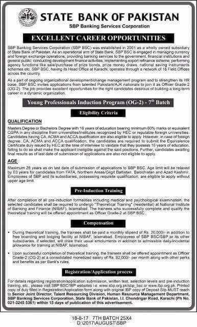 State Bank of Pakistan (SBP) Young Professionals Induction Program (YPIP) 7th Batch