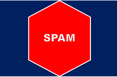 A imagem de fundo azul e ao centro um losango vermelho está escrito a palavra: spam.